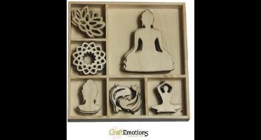 CraftEmotions Houten ornament Happiness - Boeddha 35 assorti  - box 10.5 x 10.5 cm