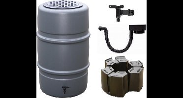 Luxe set antraciet: Regenton 227L + luxe vulautomaat + voet + kraan en kindveilig deksel