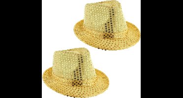 Funny Fashion Trilby hoedje - 2x - goud - glitter - pailletten - polyester - heren/dames - Carnaval - glitterhoed