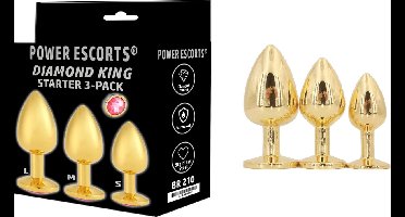 Power Escorts Diamond King BR210 – Gouden Plug Starter Set – 3-Pack – S, M & L – Goud met Roze Steen