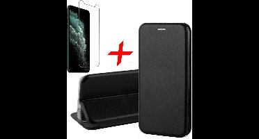 Hoesje geschikt voor iPhone 11 pro - book case cover Kunstleer wallet zwart + Screenprotector glas tempered glass screen protector
