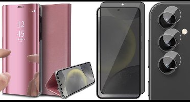 Hoesje geschikt voor Samsung Galaxy S24 Plus - Privacy Screenprotector Volledig Dekkend Glas & Camera - Spiegel Book Case Rosegoud