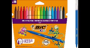 BIC Kids Visa Viltstiften - Fijne Punt - Set van 18 stuks - Uitwasbare Kleurstiften - Drogen 3 Maanden Niet Uit Zonder Dop - Ideaal voor School & Thuis