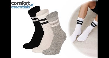 Comfort Essentials - Sportsokken Dames - 3 paar - Wit Zwart Grijs - Sportsokken Dames - Sokken met Strepen - Tennissokken Dames - Hardloopsokken Dames