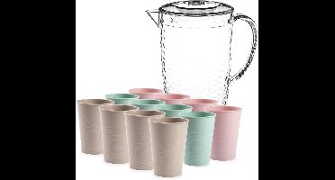 Stevige sapkan/water/schenkkan karaf met deksel 2 liter set met 12x kunststof multicolor drinkglazen 360 ml