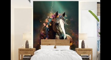 Behang - Fotobehang Dieren - Paard - Natuur - Vlinder - Bloemen - Breedte 160 cm x hoogte 220 cm