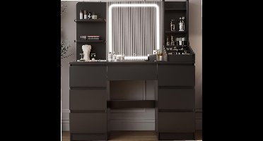 Sierra, Kaptafel met LED Spiegel en Verlichting, instelbare helderheid, make-uptafel met 4 planken en 7 laden, 110 x 40 x 139 cm, moderne make-uptafel met grote opbergruimte (Zwart)