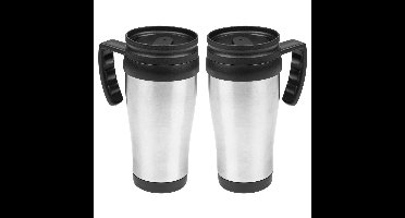 HI Thermosbeker/warmhoudbeker Koffie To Go - 2x - zilver/zwart - 450 ml - koffie/thee bekers - dubbelwandig