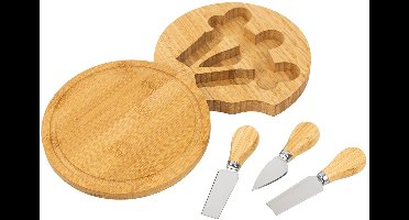 HI Borrelplank/kaasplank - met 3 kaasmesjes - bamboe hout - rond - D20 x H3 cm - serveerplank