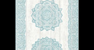 MANDALA OP HOUT BEHANG - Blauw Grijs Groen - AS Creation Boho Love