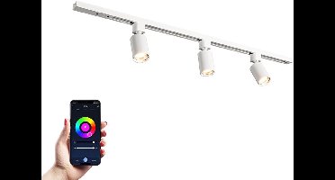 HOFTRONIC railverlichting pakket recht – 1 meter rail – 3 dimbare RGBWW GU10 railspots – aluminium wit – IP20 – modulair – 230V – smart verlichting woonkamer keuken