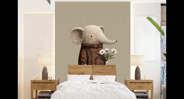 Behang - Fotobehang Olifant - Witte bloemen - Kindvriendelijk - Breedte 160 cm x hoogte 220 cm