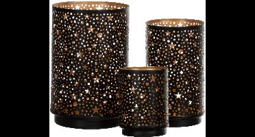 Boraboi® Set van drie metalen kandelaars met sterdesign voor sfeervolle verlichting 19 cm, 16 cm en 10 cm,Zwart,goud