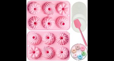 Boraboi® Set van 2 siliconen bakvormen voor mini tulbanden met spatel en borden,Roze,14,8*21,5 cm