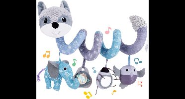 Kraftverdia Baby speelgoed Spiraalvormige pluchen hangspeeltje met vosontwerp voor babybedjes en autostoeltjes (met muziek, spiegel en bijtring), sensorisch speelgoed voor wandelwagens voor pasgeborenen (geschikt voor 0-12 maanden)