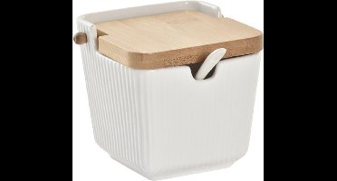 Items luxe Suikerpot Porselein/bamboe hout - wit - 9 x 10 cm - dispenser met lepel - Sierlijke uitvoering