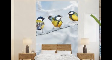 Behang - Fotobehang Vogel - Koolmees - Winter - Sneeuw - Takken - Breedte 145 cm x hoogte 220 cm