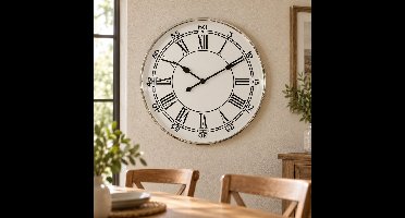 Hoppa! Ronde wandklok met Romeinse cijfers - Crème/Chroom - 6 x 76 x 76 cm (B x D x H)