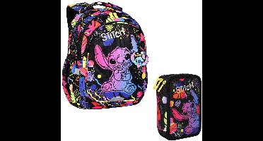 Schoolrugzak 19 L Coolpack Jerry DISNEY STITCH zwart en potloodetui met drie vakken en accessoires JUMPER 3 STITCH