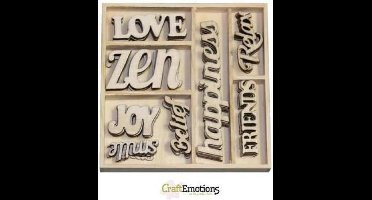 CraftEmotions Houten ornament Happiness - tekst Happiness 40 assorti  - box 10.5 x 10.5 cm
