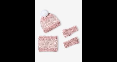 Gebreide meisjesset muts, col en wanten roze (poederkleur)