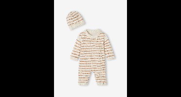 Babyset pakje en muts van gestreept tricot hazelnoot