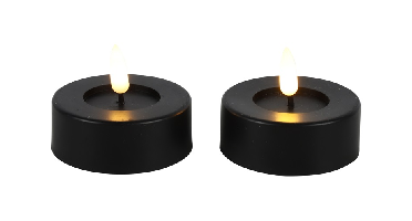 Maxi theelicht rustiek LED rond Lyon zwart 2 stuks hoogte 5,5 x 6,7 cm