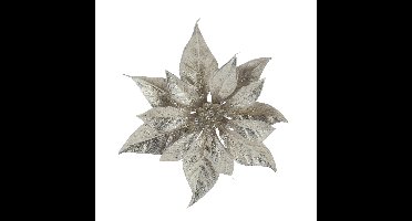 Decoratie bloem kerststerren - champagne glitter - op clip - 18 cm - kerstboomversiering
