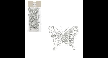 Decoratie vlinders op clip - 3x stuks - zilver - 10 cm - kunststof