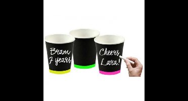 Folat neon bekertjes - 6x stuks - zwart/neon - karton - 250 ml - feestartikelen - drinkbekertjes