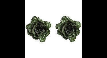 Groene roos met glitters - 2x - op clip - 10 cm - kerstboomversiering