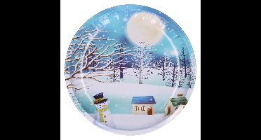 HI bord met sneeuwpop - blauw - metaal - 26 cm - kerstontbijt - kerstdiner - kerstartikelen