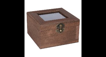 Houten opbergkistje met deksel - donkerbruin - 12 x 12 x 8 cm - Sieraden/spulletjes/sleutels