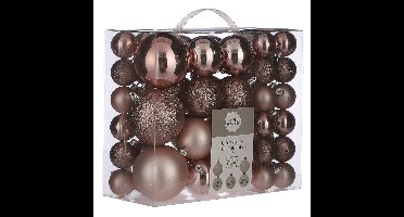 Kerstballen - 46 stuks - kunststof - roze - 4, 6 en 8 cm