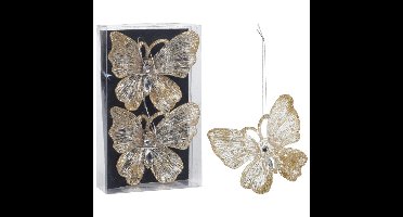 Kersthanger - 2x - vlinders - champagne/goud - 15 cm?- kerstversiering