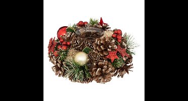 Kerststukje met kaarsenhouder - rood tinten - natuur - 19 cm?- tafeldecoratie