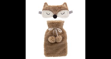 Superzachte fluffy vos warmwaterkruik en slaapmasker cadeau set bruin