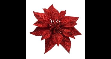 1x Kerstboomversiering bloem op clip rode kerstster 18 cm