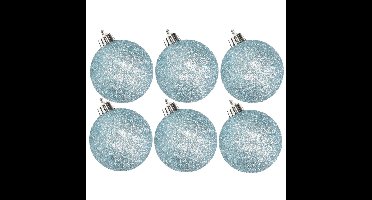 6x stuks kunststof glitter kerstballen ijsblauw 8 cm