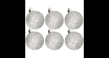 6x stuks kunststof glitter kerstballen zilver 8 cm