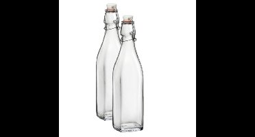 Bormioli Rocco beugelfles/weckfles - 2x - 1 liter - glas - vierkant - water/olie/azijn/sapjes