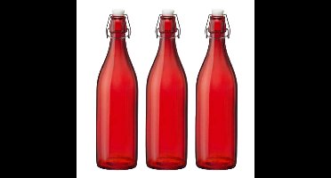 Bormioli rocco waterfles met beugeldop - 4x stuks - rood transparant - 1000 ml - Giara home deco fle