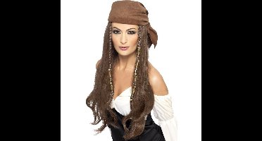 Carnaval verkleed piratenpruik met bandana - bruin - voor dames - damespruiken