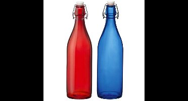 Deco of weckflessen set - 2x stuks - met beugeldop - 30 cm - 1 liter - blauw en rood