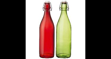 Deco of weckflessen set - 4x stuks - met beugeldop - 30 cm - 1 liter - rood en groen