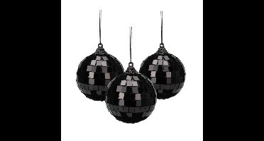 Discobal kerstbal / spiegel kerstbal- 3x st - zwart - 8 cm - kunststof