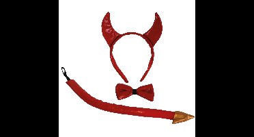 Duivels verkleed setje - hoorntjes diadeem en staart/strik - rood - verkleed accessoires