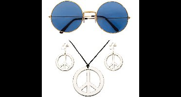 Hippie Flower Power Sixties verkleed sieraden met blauwe party bril