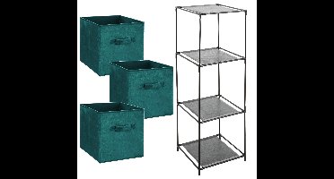 Kastmandjes/opberg mandjes - groen velours - 3x stuks van 29 Liter - In rekje van 34 x 98 cm