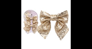 Kerst ornamenten strikken - 8x stuks - goud - 16 x 14 cm - glitter strikjes